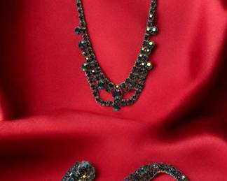 MultiColored Rhinestone Necklace, Bracelet Clip Earrings