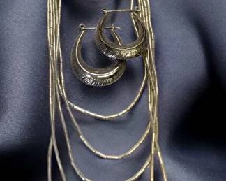 Liquid Silver MultiStrand Necklace Complementing Earrings