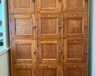 Fun and stunning Industrial antique oak locker. 