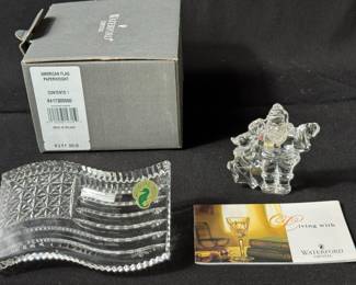 Waterford Crystal * 3 Inch Santa & Reindeer Ornament * American Flag Paperweight 4.5x3x1 *