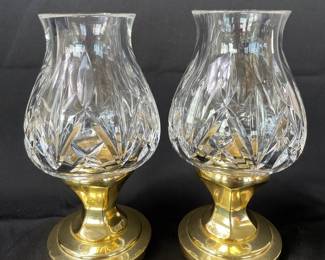 Signed Waterford Lead Crystal Hurricane * Brass Candle Stands * John Murphy 11-27-‘99