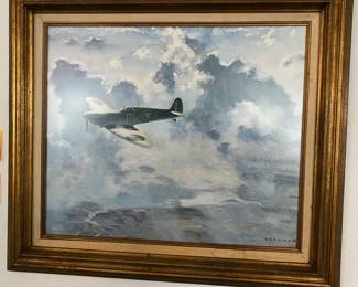 THE LONE SPITFIRE BY GERALD COULSON SIGNED FRAMED WITH PROVENANCE ON BACK.