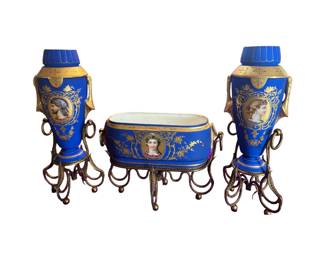 An imposing three piece Sevres Porcelain garniture set, Bleu Royale porcelain with gilt stands and  three French portraits of royalty.