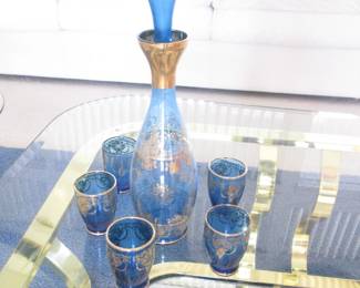 Crystal Cordial Set, Blue with Gold Trim