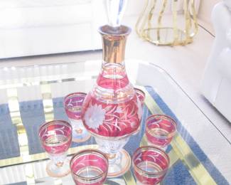 Crystal Cordial Set, Red with Gold Trim