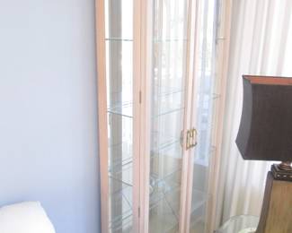 Lighted Display Cabinet, Whitewash Finish, Mirrored  Back & Plate Grooves.  30" X 12" X 76" High