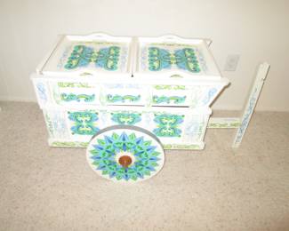 Costa Rica Ox Cart on Wheels with Pull-Handle (2-Removable Trays)  Handpainted. 30" X 16" Deep, Plus 13" Handle
