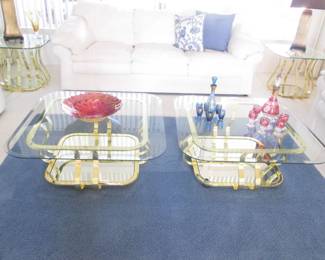 2-Matching Brass & Beveled Glass Coffee Tables, Mirrored Bases, 36" X 36".  Plus Blue Area Rug