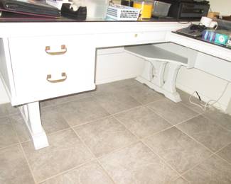 "L" Shaped Desk & Return, Glass Tops                                   Overall Measurements:  74" X 61" X 29" High; Secretarial White Wood Chair Included; Please Note:  Buyer Is Responsible for Disassembly!