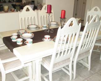 Trestle Dining Room Table, 72" X 42" with 1-44" Leaf,         6-Chairs, Detailed Carving & Designed Back Slats                                                                                         (Please See Matching "L" Shaped Desk)