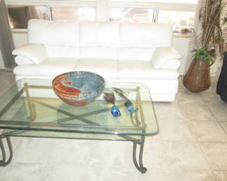Matching Leather Sofa, 78" X 36" X 35"                            Glass-Top, Metal Frame Coffee Table