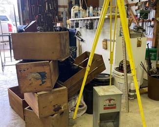 OLD CRATES, SURVEY TRIPOD & MEASURE