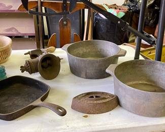 MAGNALITE POTS NO LIDS, GRISWOLD CAST IRON SKILLET, MEAT GRINDER