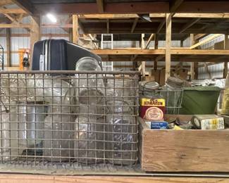 VINTAGE METAL BASKET, OLD JARS & LIDS