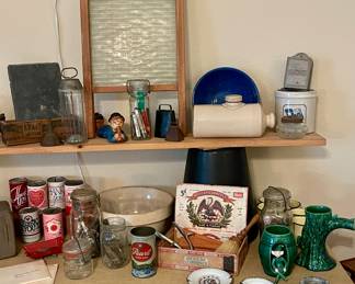 GLASS WASHBOARD, COUNTRY CROCKS & TINS, OLD ASHTRAYS