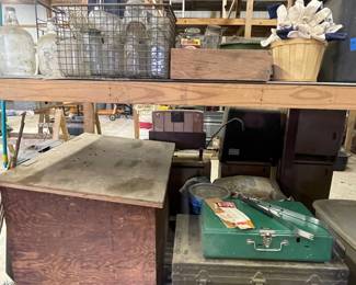 FEED BIN, CAMPING STOVE, MILITARY TRUNK, VINTAGE BASKETS, OLD JARS