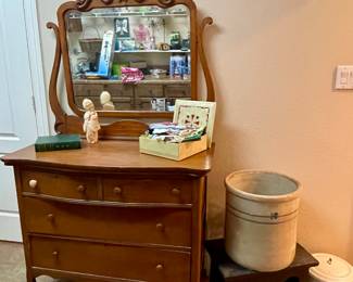 ANTIQUE DRESSER WITH MIRROR, #10 CROCK