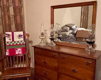 VINTAGE DRESSER, ANTIQUE ROCKING CHAIR, VINTAGE OIL LAMPS