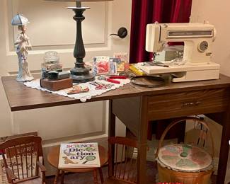 VINTAGE KENMORE SEWING MACHINE, DOLL TABLE, SEWING NOTIONS