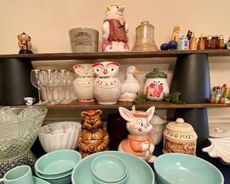 VINTAGE COOKIE JARS, TURQUOISE SERVING BOWLS, PUNCH BOWL SET