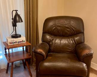 RECLINER, ACCENT TABLE, LAMP, RETRO RANDOM HOUSE ENCYCLOPEDIA