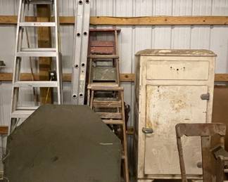 OLD ICE BOX, LADDERS, SLATE TABLE TOP