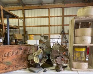 ANHEUSER BUSCH CRATE, OLD FANS, CROCK BOWLS