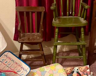VINTAGE CHILDREN’S HIGH CHAIRS, BABY BLANKET