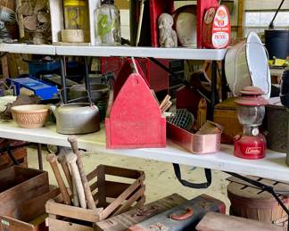 WOOD CRATES, WOOD TOOL BOX, COLEMAN LANTERNS, OLD LUGGAGE