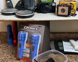 FLASHLIGHTS, RADIOS AND CAMERAS INCLUDING HOLIDAY FLASH BROWNIE CAMERA WITH ORIGINAL BOX