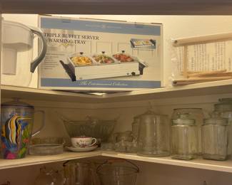 GLASS DECANTERS, TRIPLE BUFFET SERVER