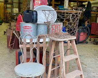 OLD STOOLS, BISTRO CHAIR, CORN SHUCK BASKET, MINNOW BUCKET