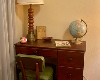 VINTAGE STUDENT DESK, RETRO DESK CHAIR, LAMP, GLOBE