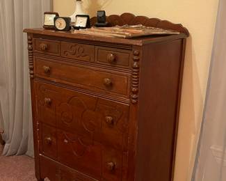 ANTIQUE DRESSER, MILKGLASS LAMP