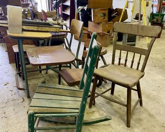 OLD SCHOOL DESKS, CHAIRS, ROCKERS