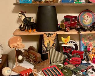 VINTAGE TRACTORS, TOYS, VINTAGE SNOOPY CLOCK, CAST IRON TOYS