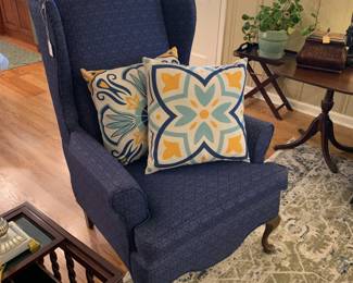 Navy Wingback chair, Decorative pillows