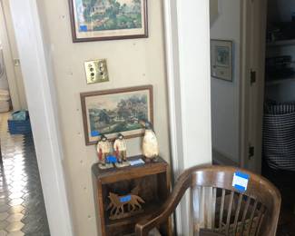 one of several old  oak chairs, prints, small bookcase
