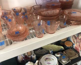 pink depression glass, mainly cherry blossom