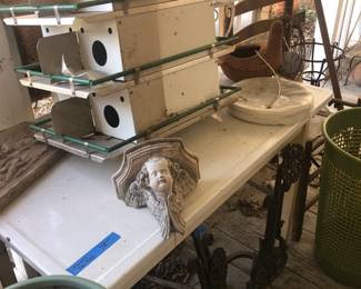 purple martin house and enamel top table