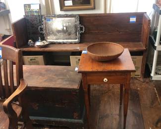 early Texas pine bench, early stand, chest, miscl, more book boxes