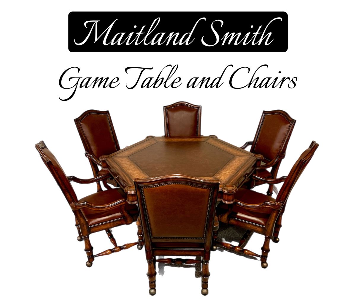 Maitland Smith Leather Top Game Table And Maitland Smith Leather Rolling Chairs