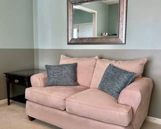 Tan Loveseat, End Table from Plunketts Furniture and Mirror