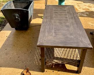 Outdoor Table and Lions Head Planter