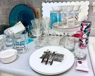 Etched Wine Glasses, Cake Stand and Kitchen Items