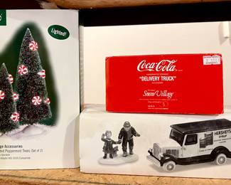 Department 56 Snow Village Coca-Cola Delivery Truck, Hershey’s Chocolate Delivery Truck and Lighted Peppermint Trees