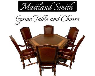 Maitland Smith Leather Top Game Table And Maitland Smith Leather Rolling Chairs