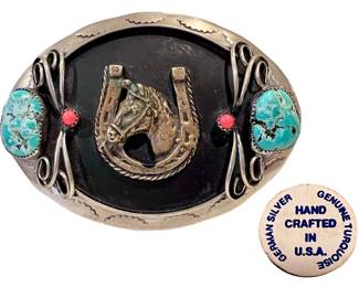 German Silver Turquoise Horse Belt Buckle
