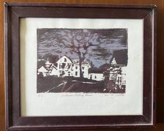 Framed etching "Unitarian Meeting House" signed by Maine artist Cheri  Walton (AP3)