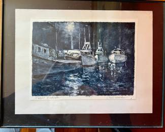 Framed etching "Eastport Breakwater" signed by Maine artist Cheri  Walton